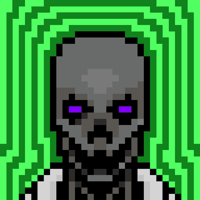 A pixel art image depicting a Minecraft-style Enderman (dark figure with purple eyes) surrounded by concentric green portal frames.