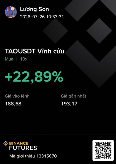 A Binance Futures trading screenshot in Vietnamese showing a user 'Lương Sơn' achieved +22.89% profit on TAOUSDT Vĩnh cửu position (10x leverage), entry price 188.68, current price 193.17, dated 2026-07-26, with referral code 13315670.