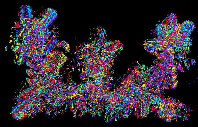 A dense, colorful digital art piece featuring chaotic multicolored line work on a black background, forming abstract shapes that resemble tangled figures or structures.