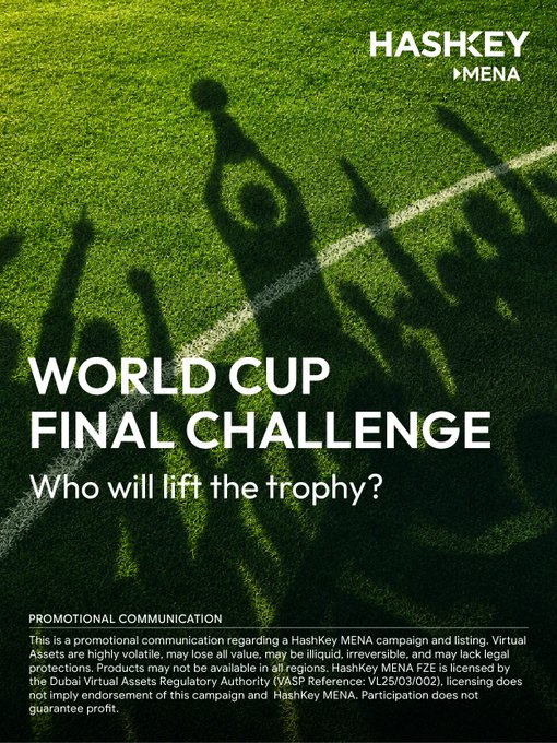 A HashKey MENA promotional poster titled 'World Cup Final Challenge' asking 'Who will lift the trophy?' over an image of soccer player shadows on a field.