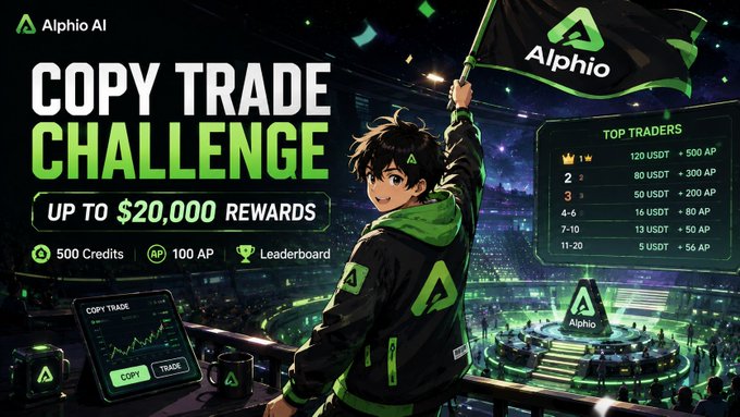 A promotional banner for 'Alphio AI' advertising a 'COPY TRADE CHALLENGE' with up to $20,000 rewards, featuring an anime-style character holding an Alphio flag and a leaderboard of top traders.