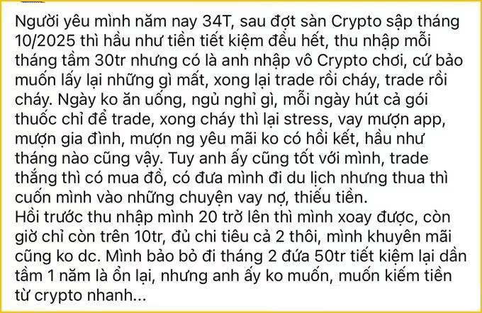 A Vietnamese text post about a 34-year-old boyfriend who lost savings in crypto trading, smokes, and constantly borrows money, leaving the poster with under 10 million VND.