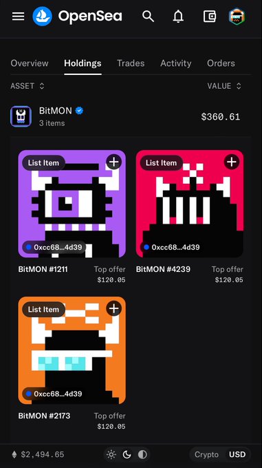 A screenshot of the OpenSea Holdings tab showing three BitMON NFT items (#1211, #4239, #2173) with a total value of $360.61 and top offers of $120.05 each.