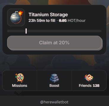 The image shows the HOT Wallet app's updated Titanium Storage interface, displaying a "Claim at 20%" progress bar with "23h 59m to fill" at "0.05 HOT/hour," along with navigation icons for Missions, Boost, and Friends 138. This relates to the post announcing the wallet's new claim UI for earning $HOT tokens.