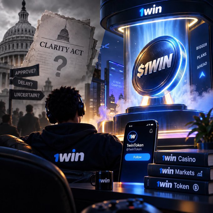 A promotional image for '1win' featuring a person wearing headphones with the brand on their jacket, a glowing '$1WIN' coin in a display case, and signs including 'CLARITY ACT', 'APPROVE?', 'DELAY?', and 'UNCERTAIN?' near the U.S. Capitol.