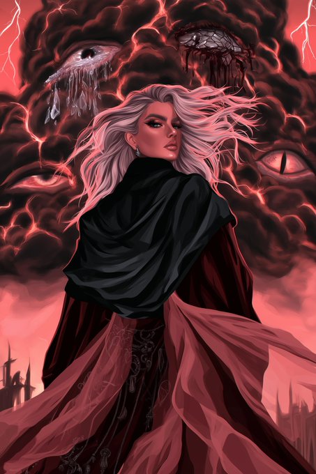 Digital illustration of a pale woman with flowing white hair and a dark cloak standing before a stormy red sky featuring a giant shadowy face with bleeding eyes and serpent features.
