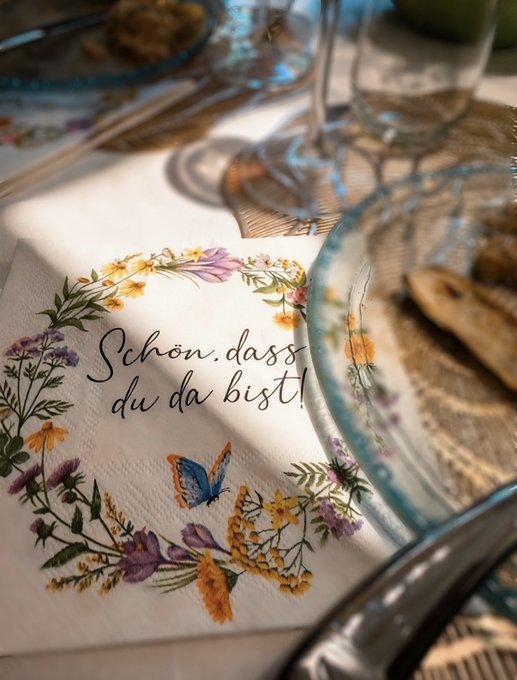 A floral-patterned napkin with German text 'Schön, dass du da bist!' (Nice that you're here) sits on a table next to a decorative plate and glassware.