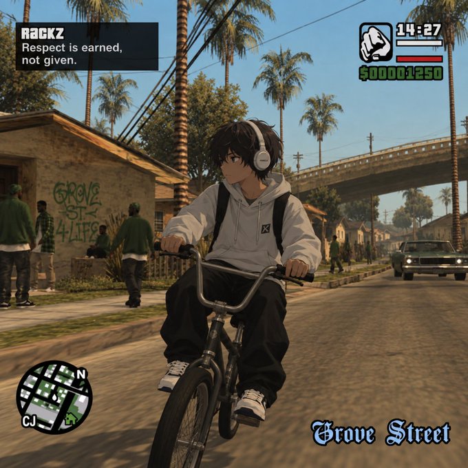 A GTA-style video game scene featuring an anime character with headphones riding a BMX bike on Grove Street, complete with HUD elements showing '14:27', '$00001250', and a minimap.