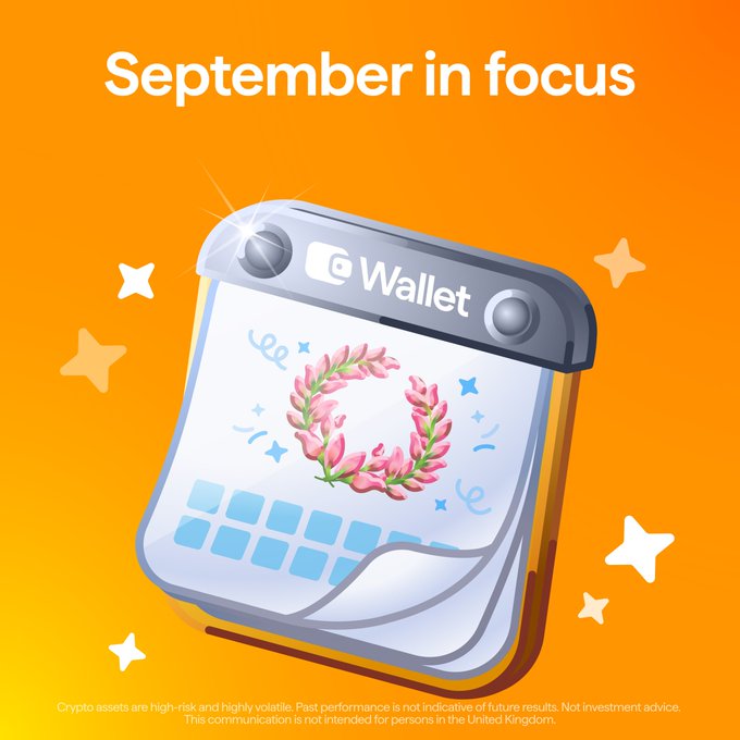 An orange promotional graphic for 'OKX Wallet' reading 'September in focus' featuring an illustration of a calendar with a pink flower wreath on its page.