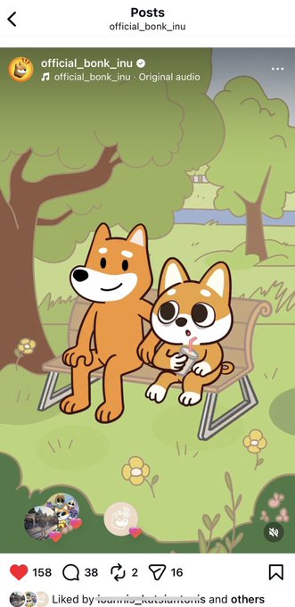An Instagram post from official_bonk_inu showing an illustration of two Shiba Inu dogs sitting on a park bench—one holding an ice cream cone—set in a green park with trees, garnering 158 likes and 38 comments.