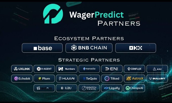 Promotional graphic for 'WagerPredict Partners', listing Ecosystem Partners as base, BNB CHAIN, and OKX, alongside numerous Strategic Partner logos including UXLINK, X-AGENT, Echobit, and others.