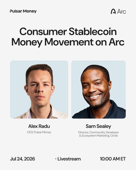 A promotional flyer for a 'Consumer Stablecoin Money Movement on Arc' livestream featuring Alex Radu (CEO, Pulsar Money) and Sam Sealey (Director at Circle), scheduled for July 24, 2026 at 10:00 AM ET.