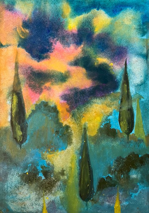 An abstract painting featuring vibrant clouds in orange, yellow, and blue tones with dark cypress-like tree silhouettes against a turquoise background.