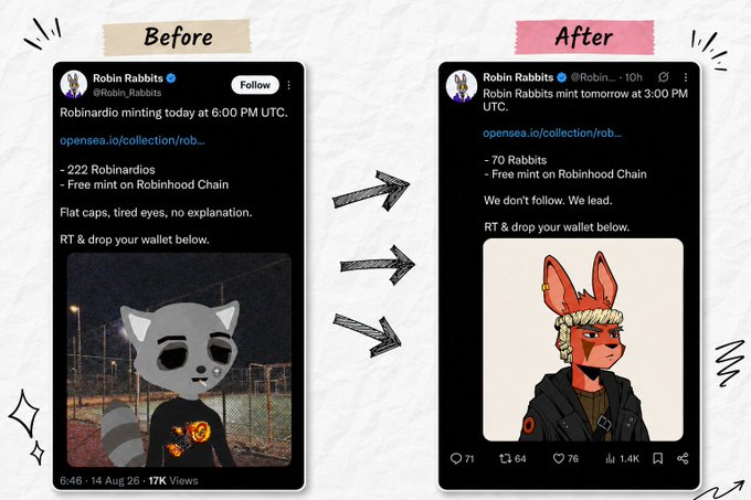 A before-and-after graphic shows two Twitter posts by 'Robin Rabbits' regarding an NFT mint, noting a change from '222 Robinardios' to '70 Rabbits' on the Robinhood Chain.