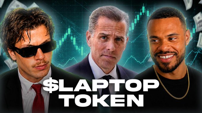A promotional graphic for a livestream event featuring three men pictured side-by-side against a green stock chart background with floating dollar bills. The image includes bold text reading "$LAPTOP TOKEN" and is tied to an announcement about an upcoming live discussion on X and YouTube about the "$LAPTOP" token, featuring the individuals shown (including Hunter Biden and Dom Woods).
