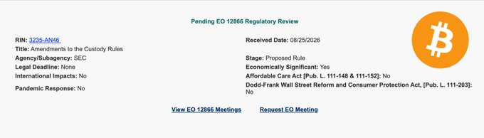 A regulatory review record titled "Pending EO 12866 Regulatory Review" for RIN 3235-AH46, "Amendments to the Custody Rules" by the SEC, received on 08/25/2026, with a Bitcoin logo in the corner.