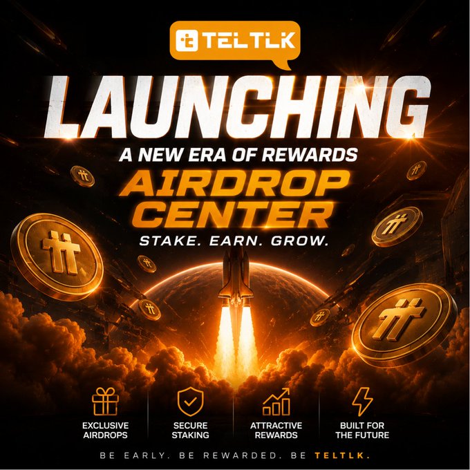 A promotional graphic for TELTLK's new "Airdrop Center" features a rocket launching amid floating gold coins emblazoned with the TELTLK logo, highlighting exclusive airdrops, secure staking, and attractive rewards with the tagline "LAUNCHING A NEW ERA OF REWARDS - STAKE. EARN. GROW." The accompanying post announces this new platform, inviting the TELTLK crypto community to stake assets and earn rewards, with an upcoming Pi Coin airdrop event.
