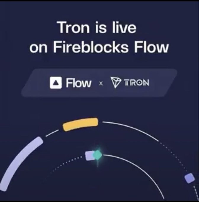 A graphic with dark blue background announcing 'Tron is live on Fireblocks Flow' with Flow and Tron logos side by side above a stylized planet graphic.