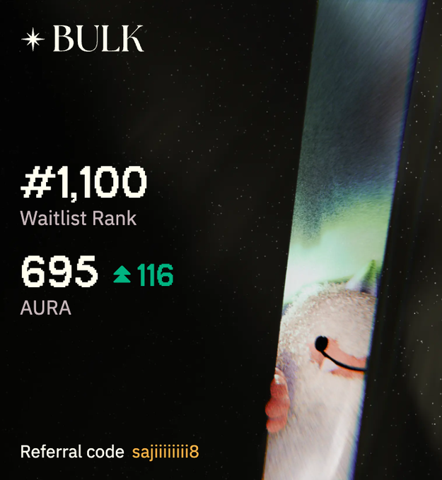 The image is a Bulks app screenshot showing a waitlist rank of #1,100 and an AURA score of 695, up 116 points—matching the post's celebration of gaining 116 AURA points and a frustrated "Cooked?" take on the slow climb.