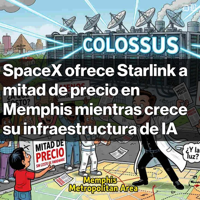 A cartoon illustration labeled "COLOSSUS" depicts SpaceX offering Starlink at half price in Memphis amid growing AI infrastructure, with characters holding "Mitad de Precio" signs.