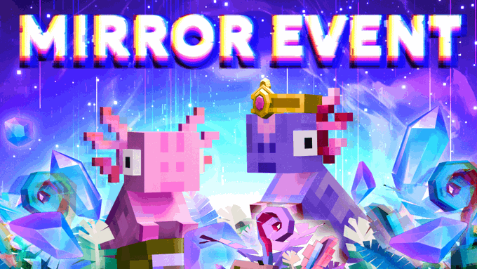 A vibrant, pixel-art style promotional banner for a "MIRROR EVENT" featuring two blocky, bird-like characters wearing crowns amidst swirling purple and blue cosmic backgrounds.