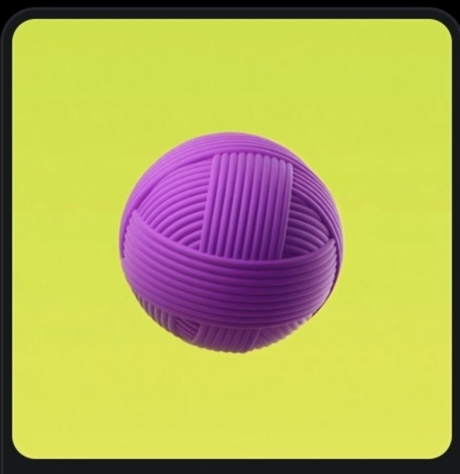A 3D rendering of a purple ball made of intertwined strands, displayed against a yellow-green background with a dark border.