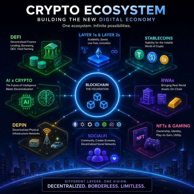An infographic titled 'CRYPTO ECOSYSTEM - BUILDING THE NEW DIGITAL ECONOMY' showing blockchain-related sectors including DeFi, Layer 1s & Layer 2s, Stablecoins, RWAs, NFTs & Gaming, DePIN, SocialFi, and AI x Crypto.