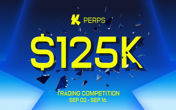A promotional graphic for a 'K PERPS' trading competition featuring '$125K' in large yellow text, running from 'SEP 02 - SEP 16', set against a blue background with shattering glass effects.
