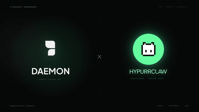 The image shows two logos, one for a company called Daemon and another for an app named Hyperliquid. These two logos are displayed side by side against a black background. The logo of Daemon has a stylized white p symbol, while the logo of Hyperliquid features a green circle with a white cat inside. The text on these logos indicates that Daemon is selling Hyperliquid to users, and they are looking for agents who can run it. The presence of both Daemon and Hyperliquid in this image helps highlight the contrast between their purposes and target audiences.
