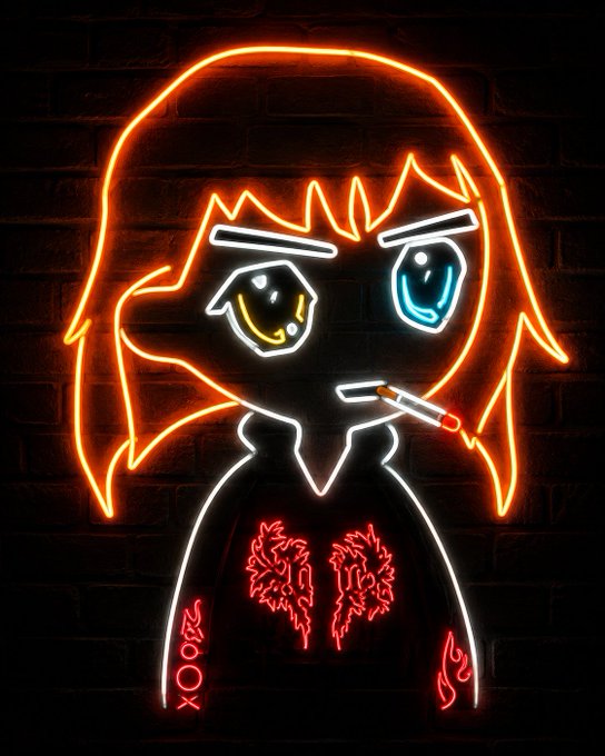 A neon sign of an anime character with orange hair, heterochromatic eyes, a cigarette in their mouth, and an exposed brain design on their shirt, mounted on a brick wall.