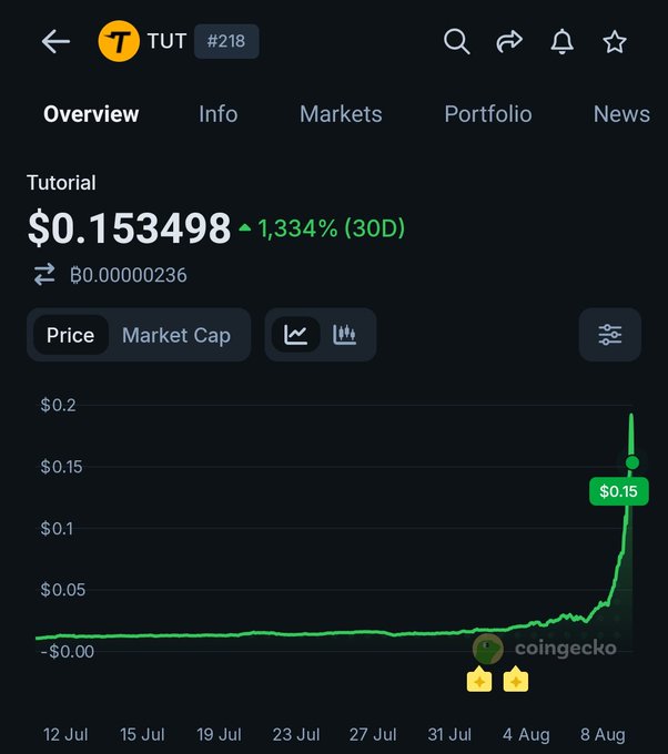 A CoinGecko price chart for the TUT (Tutorial) token showing a price of $0.153498, up 1,334% over 30 days, with the chart displaying a sharp upward spike on August 8.
