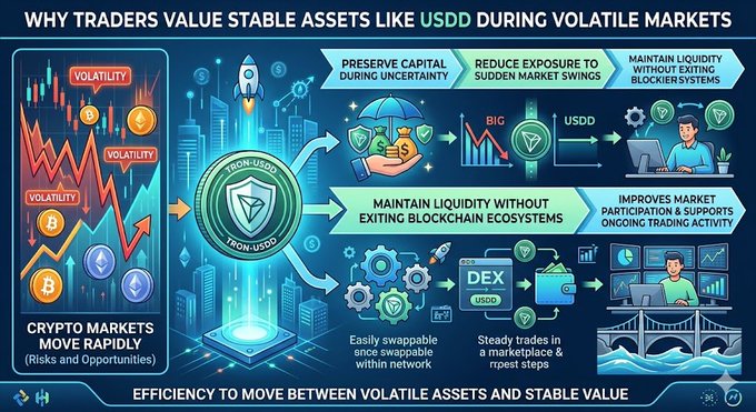 The image features an infographic that illustrates the value of stable assets like USDC (Usd cryptocurrency) during volatile markets. The artwork uses blue, green, orange, and gray colors with icons representing various aspects of trading, such as money transfer (e.g., Bitcoin), market trends, and trader actions. In one part of the image, a man is seen transferring Bitcoins into his portfolio using Bitcoin wallets, emphasizing how stable assets like these can be essential for traders during unpredictable market conditions. The infographic also discusses the benefits of stablecoins during turbulent times by stating that stablecoins offer better preservation of capital compared to other asset classes when markets are volatile or experiencing uncertainty.