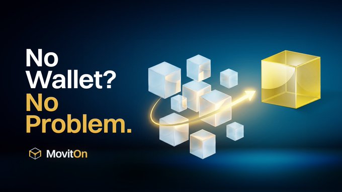 A dark blue advertisement graphic for MovitOn reading 'No Wallet? No Problem.' alongside an illustration of white cubes connecting to a single yellow cube.