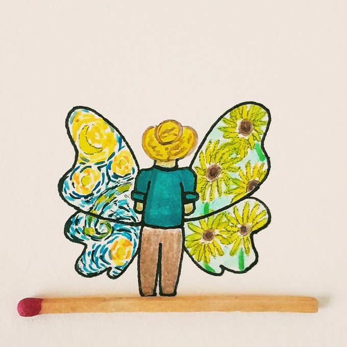 A hand-painted, childlike artwork depicts a figure in a teal shirt and cowboy hat standing above a matchstick with butterfly wings painted in a Van Gogh starry night and sunflower style.