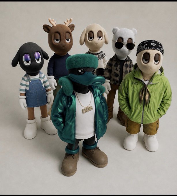 A group of six collectible designer toy figures, including animal and character designs in various streetwear outfits like a green puffer jacket and denim overalls.
