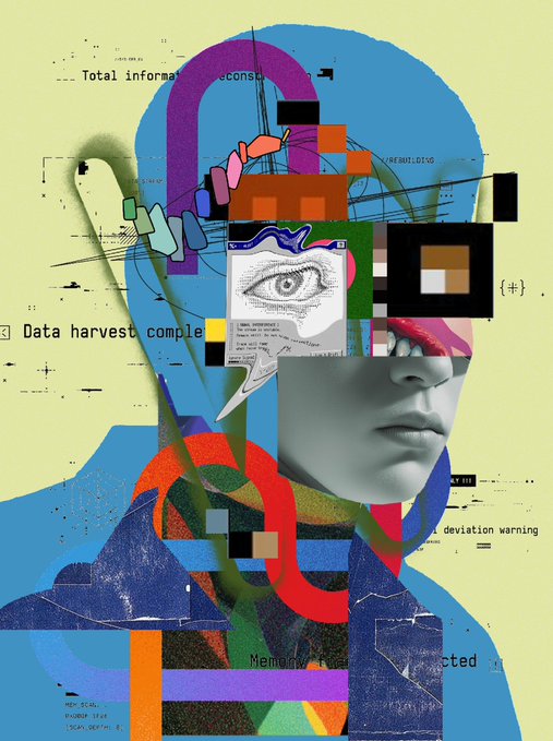 The image features a computerized mannequin head with various digital images and lines covering its face, including an eye drawn on one side that reads "Data Harvest Complete". The mannequin head appears as if it's talking or shouting, adding a sense of action and dynamism to the scene. There are also numerous colorful boxes scattered throughout the image, suggesting a complex and intricate visual design. The post is about a digital attack on someone's computer system, where data has been stolen and ranked by a person named "R3ORDR", further emphasizing the theme of information theft.
