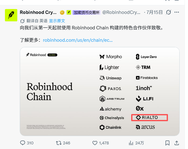 A Twitter post from Robinhood Crypto (@RobinhoodCry...) celebrating partners built on Robinhood Chain, featuring logos of Morpho, LayerZero, Lighter, TRM, Uniswap, and others, with 'RIALTO' highlighted in a red box.