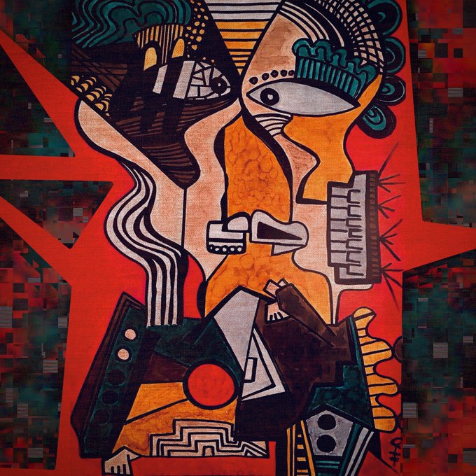 A vibrant, abstract cubist-style painting featuring fragmented figures with bold black outlines, dominated by red, orange, and teal colors, including stylized eyes and faces.