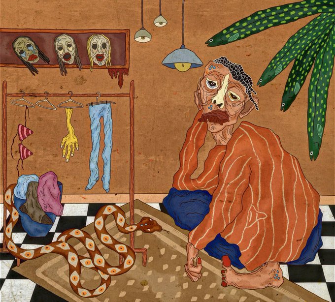 This image is of a grandmotherly figure sitting in a room that has been digitally altered to appear like a painting. The picture has been painted over with a wavy line effect that distorts her features and surroundings.