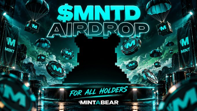 A digital promotional graphic for "$MNTD AIRDROP FOR ALL HOLDERS" by MINTABEAR, displaying falling parachutes bearing the letter "M" against a dark, cloudy background.