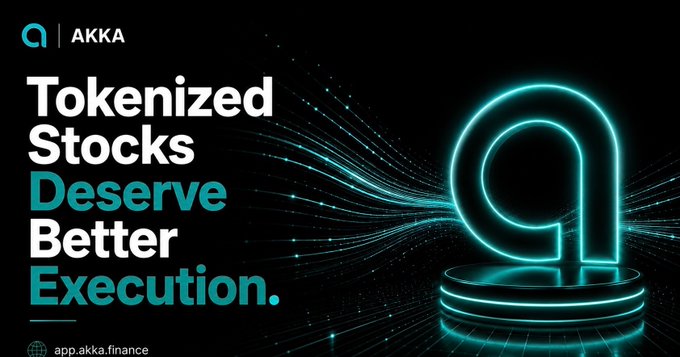 An advertisement for AKKA featuring the text 'Tokenized Stocks Deserve Better Execution.' and 'app.akka.finance' with a glowing teal logo.