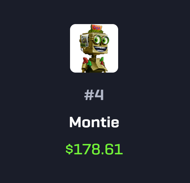 A mobile app screen displaying a robotic character labeled 'Montie' ranked '#4' with a price of '$178.61' below its icon.