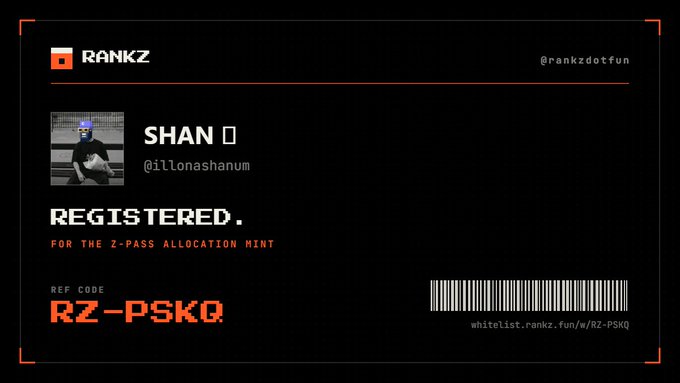 A similar RANKZ registration card showing the username 'SHAN' (@illanoshanum), marked as 'REGISTERED.' for the Z-Pass allocation mint with the reference code 'RZ-PSKQ' and a corresponding barcode.