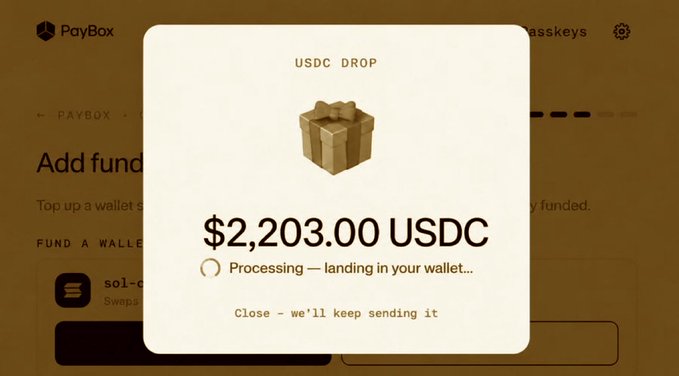 A notification from PayBox displays a "USDC DROP" of $2,203.00 USDC that is currently "Processing — landing in your wallet..." with a message to close and keep sending it. This relates to the post as it visually represents the MoonPay USDC airdrop being discussed, though the poster notes they didn't receive such a lucky drop themselves.