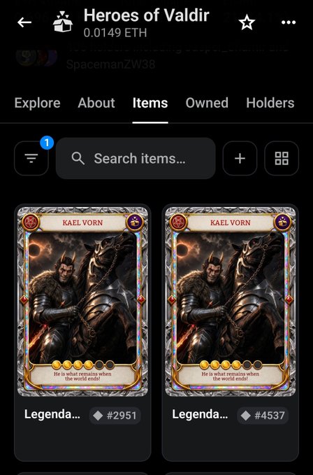 A mobile app interface for the "Heroes of Valdir" NFT collection showing the "Items" tab with two identical "Kaelvorn" legendary character cards priced at 0.0149 ETH.