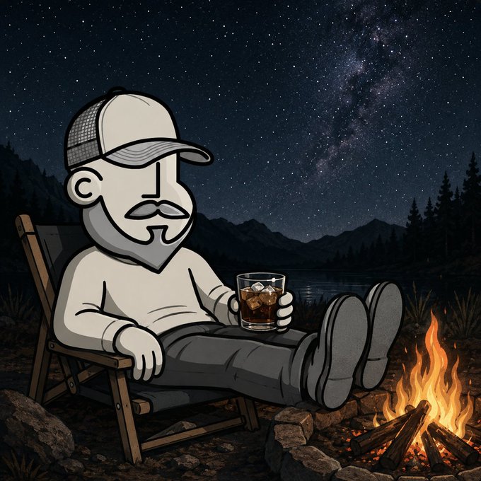 A cartoon illustration of a man with a cap and mustache relaxing in a camping chair by a campfire, holding a glass of whiskey under a starry night sky.