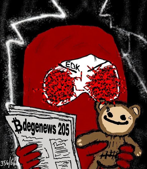 A digital artwork featuring a red-hooded figure with a blood-spattered face reading a newspaper titled 'Bdegenews 205', holding a stitched teddy bear; marked '356/666'.