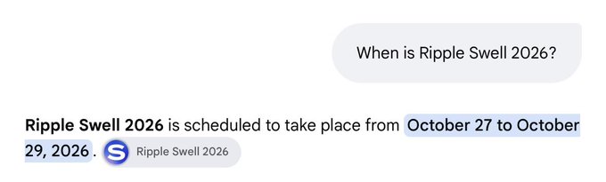 A user asks "When is Ripple Swell 2026?" and an AI response confirms Ripple Swell 2026 is scheduled for October 27-29, 2026.