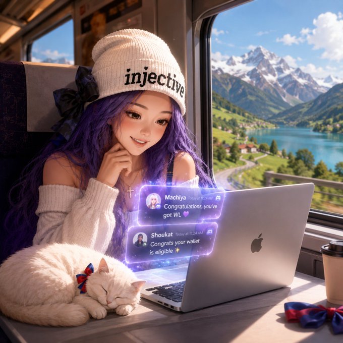 An anime-style illustration of a girl with purple hair wearing an 'injective' beanie, smiling next to a white cat, with congratulatory chat messages appearing on a laptop screen.