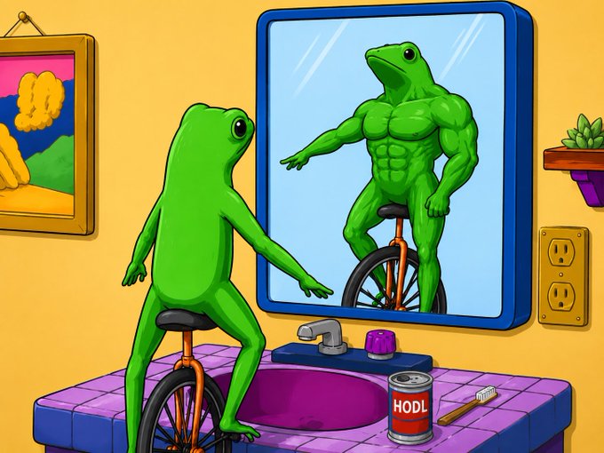 The image features a cartoon frog riding an unicycle, which has a can of HODL soda attached to its back. The scene takes place in front of a mirror, with the frog looking at itself while riding the unicycle. The background includes a bathroom sink and a picture on the wall above it.